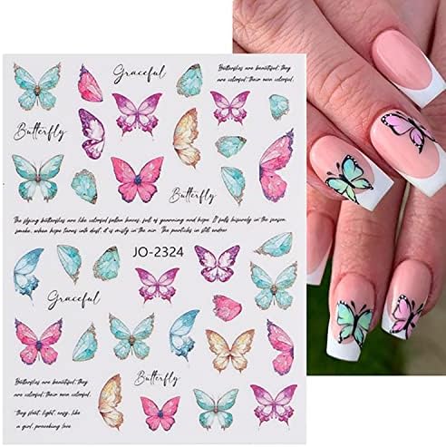Налепници за уметност со пеперутка за нокти, обоени декорации за нокти во боја 3Д самолепливи пролетни шарени пеперутки за дизајнирање