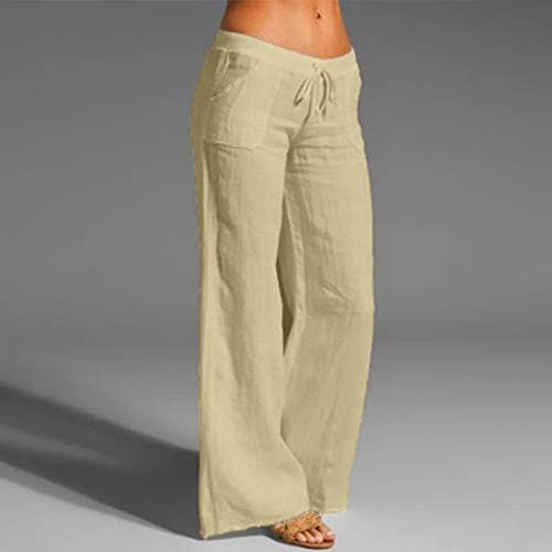 Uerенски женски памучни постелнини широки панталони за нозе лето случајна еластична половината цврста удобна салон за џемпери со џебови