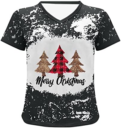 Црни кратки ракави маички за жени vneck дрво графички опуштено вклопување фестивал Божиќна вратоврска маици кошули тинејџери девојки