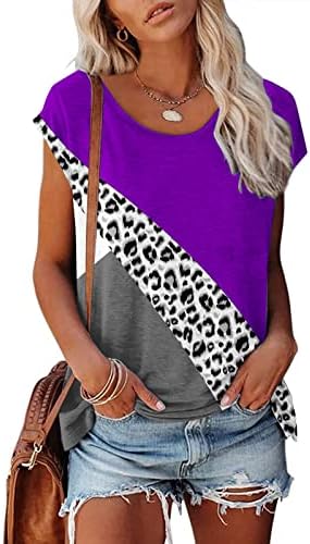 Женски маици со леопард печатење во боја на врвови на капакот на капакот на вратот 2023 летни обични трендовски трендовски блузи од туника