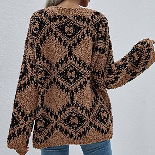Женски пулвер џемпер нејасен плетен пуканки со долг ракав V-вратен вратен бучен скокач врвови есен зимски тинејџерски џемпери џемпери