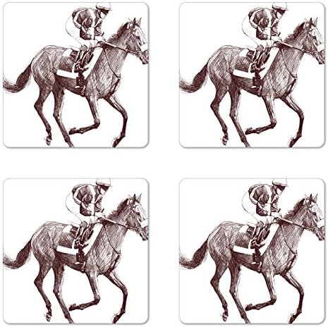 Лунарен Коњски Подлога Сет од 4, Скицирана Илустрација на Тркачки Коњ и Џокеј Коњички Спортски Тематски Уметности, Квадратни Сјајни Подлошки
