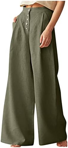 Панталони за жени Еластична половината за влечење памучни постелнини широки панталони со џеб со џебна лабава долга салон, пантолова