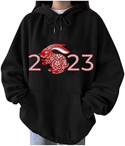 Women'sенски 2023 година преголеми дуксери, симпатична зајаче, печатено џемпер со долги ракави, лабава чипка со качулка со џеб со џеб