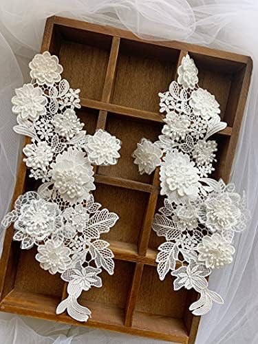 Ткаенина за занаетчиска шиење 5 пар бели цвеќиња Апликација, 3Д чипка апликација за невестински фустан