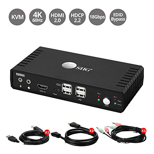 SIIG 4K HDMI 2 Порта KVM Прекинувач Со Микрофон &засилувач; Аудио, HDMI 2.0 4K60, HDCP 2.2, USB 2.0 Порта x4, Кабли Вклучени, Поддршка