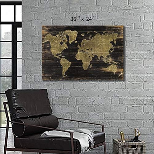 Светска мапа платно wallидна уметност: мапа на темно кафеаво дрво позадина графичка уметност сликање за дневна соба декор