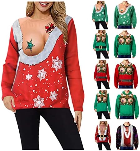 Вабеор грди Божиќни џемпери за жени обични екиписки графички смешни џемпери унисекс празник долг ракав пулвер кошули