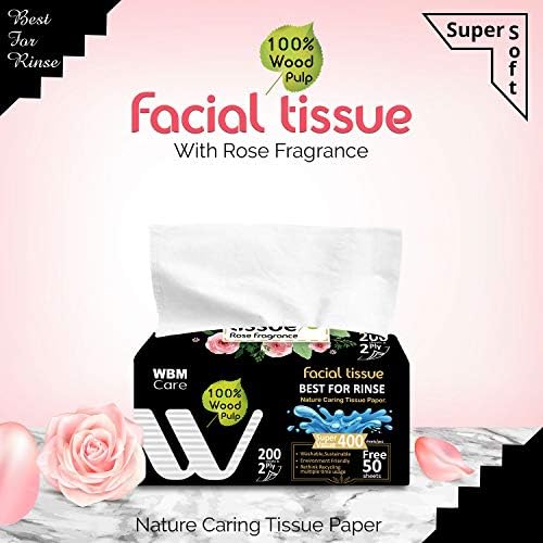 WBM CARE W8102M1-P12 Професионално ткиво на лицето со мирис на роза, 12 кутии/кутија, 200 листови/секоја, пакет од 12, бело