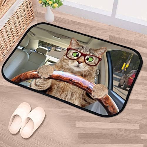 Vantaso мека бања врата од мат килим Смешна мачка со очила Возење автомобил без лизгање Дотмат ​​за влез за влез за купатило за купатило за дневна соба Внатрешна врат?