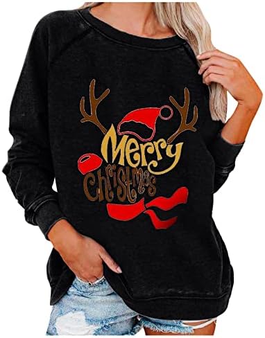 Ружијог Жени Среќен Божиќен Дуксер Смешен Симпатичен Печатен Пуловер Со Долги Ракави Блузи Гроздобер Божиќни Графички Празнични Кошули