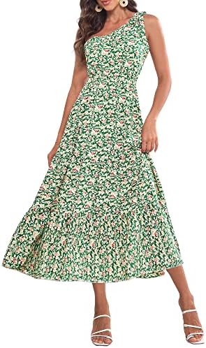 Постојано вртено женско едно рамо без ракави со високи половини, цветни печати летни макси обични фустани 40398