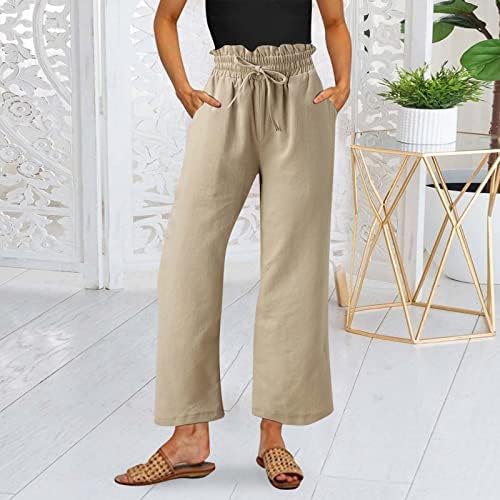 Памучни постелнини панталони за жени, лесна лесна широка нозе со широки нозе лабаво вклопени панталони со должина на капри со џебови