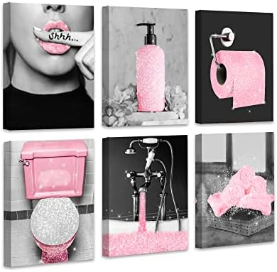 DRSOUM GLAM MADSE BATAY WOLY WOLL WOLDER DECORTS Сјајно ткиво платно Постери црна и розова wallидна уметност модерни жени смешни wallидни слики сет од 6, 8x10 во