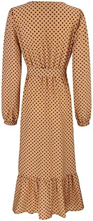 lcziwo polka dot print midi фустан за жени со v-врат со долг ракав, обичен замав со плетенка, макси фустан со појас