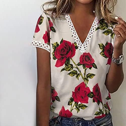 Краток ракав чипка памук длабока V вратот цветна графичка блуза маица за дами есен летен салон блуза GF GF