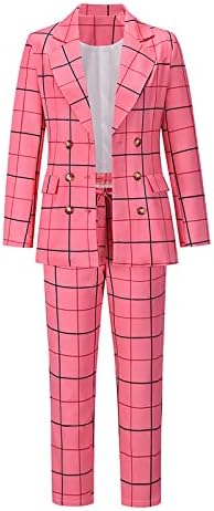 Женски блејзер јакна поставува 2 парчиња лесен лапел со долг ракав џеб тенок вклопуваат двојни до градени карирани костуми и долги панталони