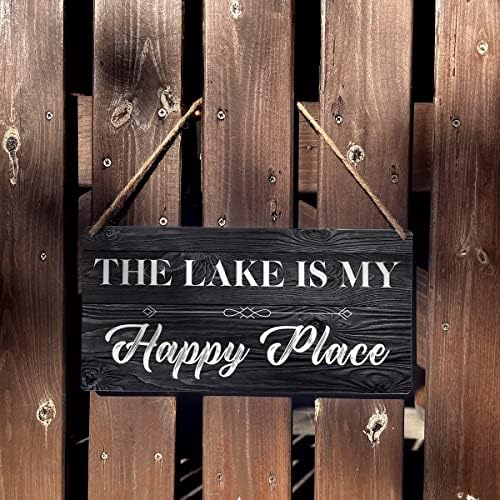 Смешни знаци подарок фарма куќа е езерото е моето среќно место дрвено виси знак рустикален wallиден дом кујна декорација 12 x 6 инчи