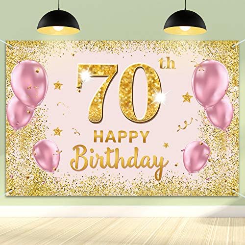 Пакбум Среќен 70-Ти Роденден Банер За Позадина - 70 Украси За Роденденски Забави За Жени-Златно Розова 3,9 х 5,9 стапки