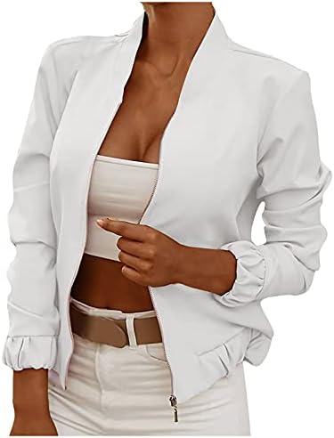 Женски мода со долги ракави патент цврста обична кратка јакни за палто за палто, блузи врвови