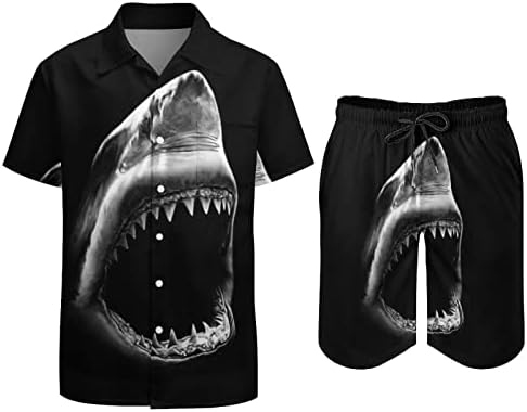 Weedkeycat црна ајкула залак машка облека за плажа 2 парчиња хавајски копче надолу со кошула Краток ракав и шорцеви