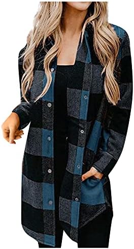 Кошули со фланели Rmxei за жени модни жени обични џебови решетки печатени долги ракави врвови јакна палто