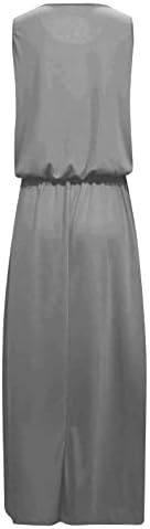 Womenенски резервоар без ракави, облечен во проток, максичен фустан со џебови 2023 летен еластичен половината лабава плус големина