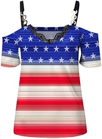 4-ти јули кошули жени во САД знаме лето кратки ракави за маички со врата од вратоврска за вратоврски од вратоврска лабава вклопена