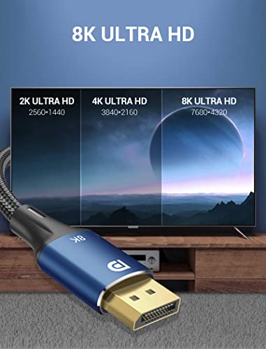 Кабел за Venter 8k DisplayPort 1.4 16ft приказ Порт кабел 144Z ултра голема брзина 32.4gbps злато -позлатен плетенка DP кабел - 8K@60Hz