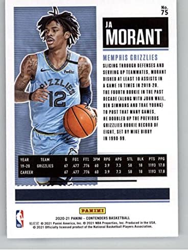 2020-21 Сезонски билет за кандидати за Панини 75 Ja Morant Memphis Grizzlies NBA кошаркарска трговија картичка