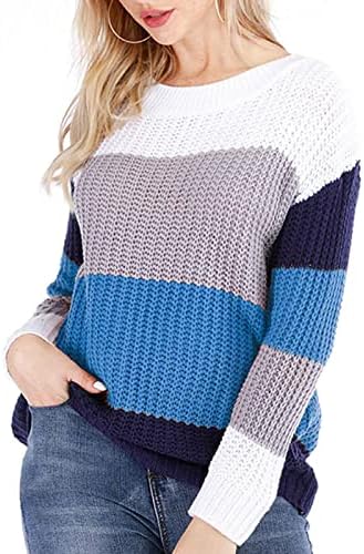 Есен џемпери за жени на екипаж вратот со долги ракави плетени џемпери трендовски блок во боја, случајно лабава лабава клевета за влечење
