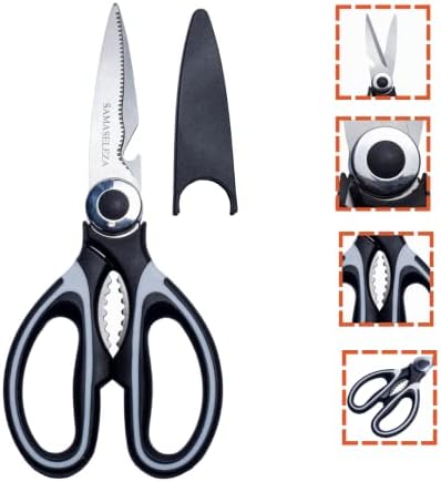 SamaSeleza кујнски ножици со отвор за оревче и отворач на шишиња - ножици со тешки пречки со покривка - ергономски рачки на ABS