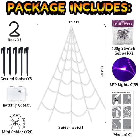 Декорации за Ноќта на вештерките Gejrio Spider Web со 135 виолетови LED светла, 16,4 метри гигант водоотпорен пајак пајак, застрашувачки