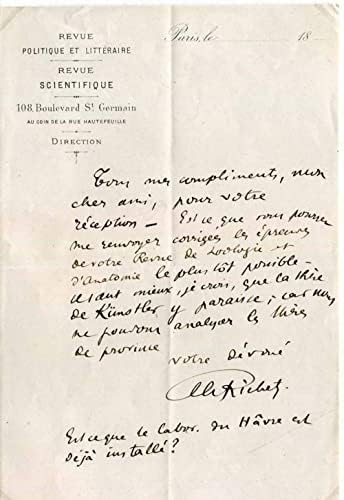 Физиологот Чарлс Рихет Нобелова награда 1913 година Потпишано и монтирано писмо за автограм