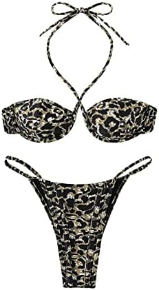 Секси халтер со низок пораст бикини сетови за жени мода леопард печатење костум за капење со две парчиња облека за капење за