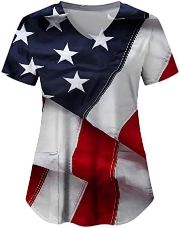 4-ти јули маици за жени во САД знаме летни кратки ракави против вратот со 2 џебови блузи врвни празнични обични работни работници