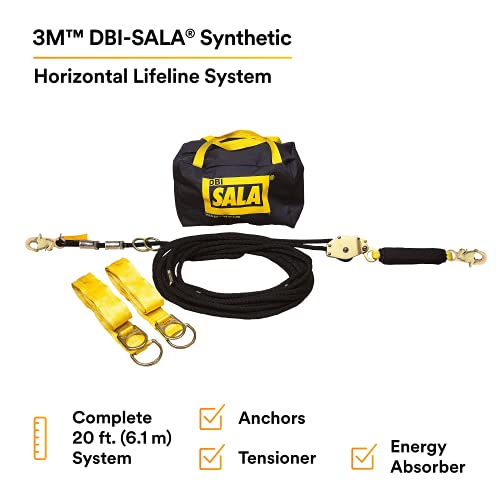 3M DBI-SALA Sayfline 7600502 Хоризонтален систем на животни животни, јаже од 20 метри Кернмантл со затегнувач, абсорбер на енергија, два