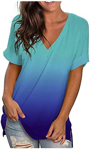 Badhub Womens 2023 летни врски бои кратки ракави маици градиент v вратот врвови лабава вклопена случајна пулвер тунична маичка кошула