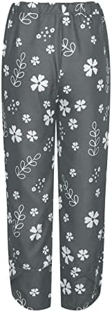 Summerенски летни обични панталони со хареми Едноставно цветно печатено еластично половината лабава удобна постелнина капри