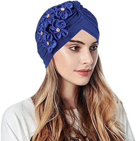 Женски обични пет мали цвеќиња цврста глава капа капаче за глава, муслиманска турбанска капа, слаби камења, фрлаат капа