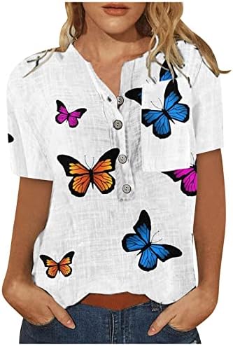 Копче со кратки ракави со памучен брод со вратот на вратот надолу, маичка за обична блуза за женска пеперутка Апстрактна графичка