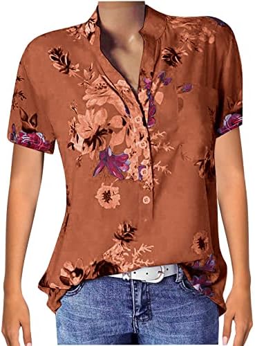 Џемпер за жени плус големина жени печати џеб за кошула со блуза, лесен ракав, кратка кратка женска блуза обична