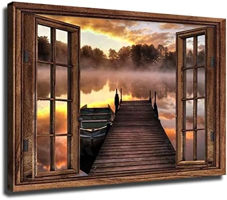 Езеро брод наутро преку рустикален прозорец платно уметнички постер канцеларија канцеларија постер слика wallидна уметност премија