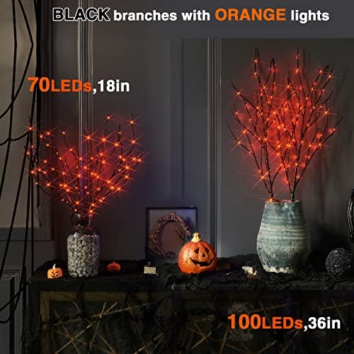 Fudios Ноќта на вештерките осветлени гранки со тајмер 100 LED портокалови самовили 36in, црно дрво светла батерија управувана за декорација