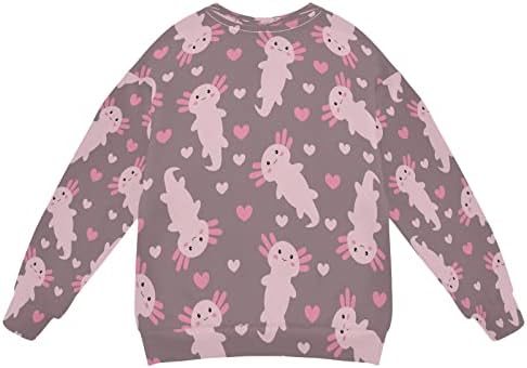 Симпатична аксолотл розова срца момче девојче џемпер за џемпер, дете, екипаж, џемпер од пулвер, долга ракав есен зимска облека