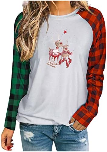 Среќни Божиќни кошули за жени врвни долги ракави Бафало карирана џемпер смешна маица за новогодишна елка