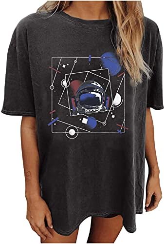 Женски кратки ракави преголеми врвови симпатични маички за печатење на астронаути, ретро екипаж, лабава вклопена тешка празнична блуза