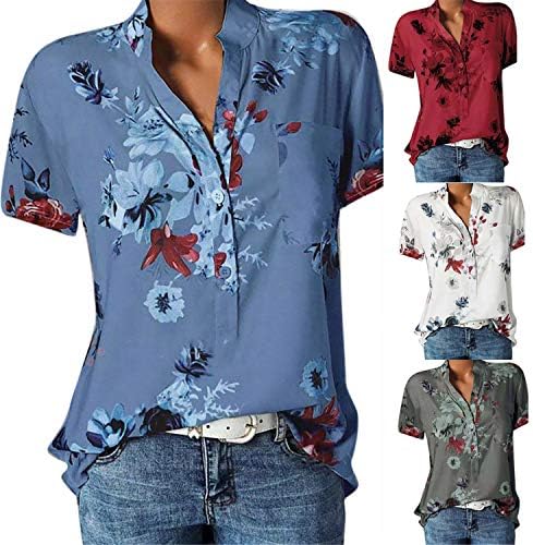 Andongnywell Women's Womens Plus Size V-врата со цветни печатени маици со кратки ракави блуза Топ туники