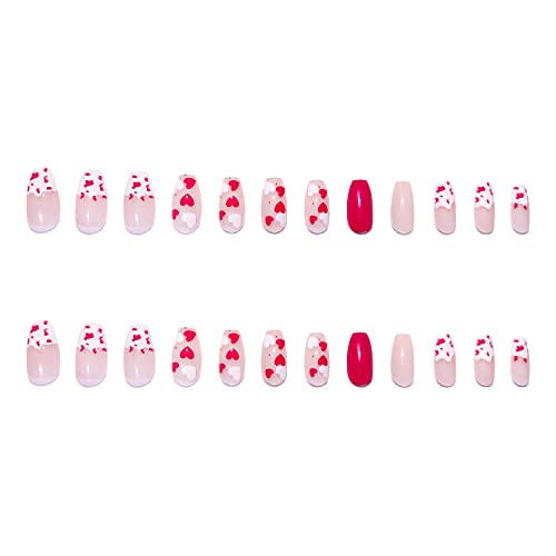 24 парчиња Срце Притиснете На Ноктите Долги Розови Лажни Нокти Со Дизајни Ковчег Лажни Нокти Сјајни Светки Лепак На Лажни Нокти