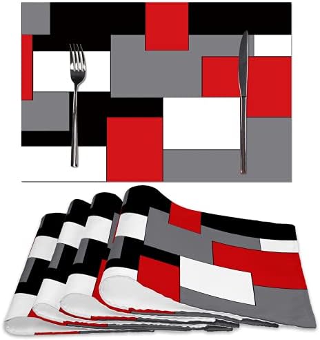 Црвени Сиви Црни Бели Подлоги Поставени од 4, Геометриски Квадратни Душеци За Маса Водоотпорни Подлоги За Јадење Што Се Перат За Јадење